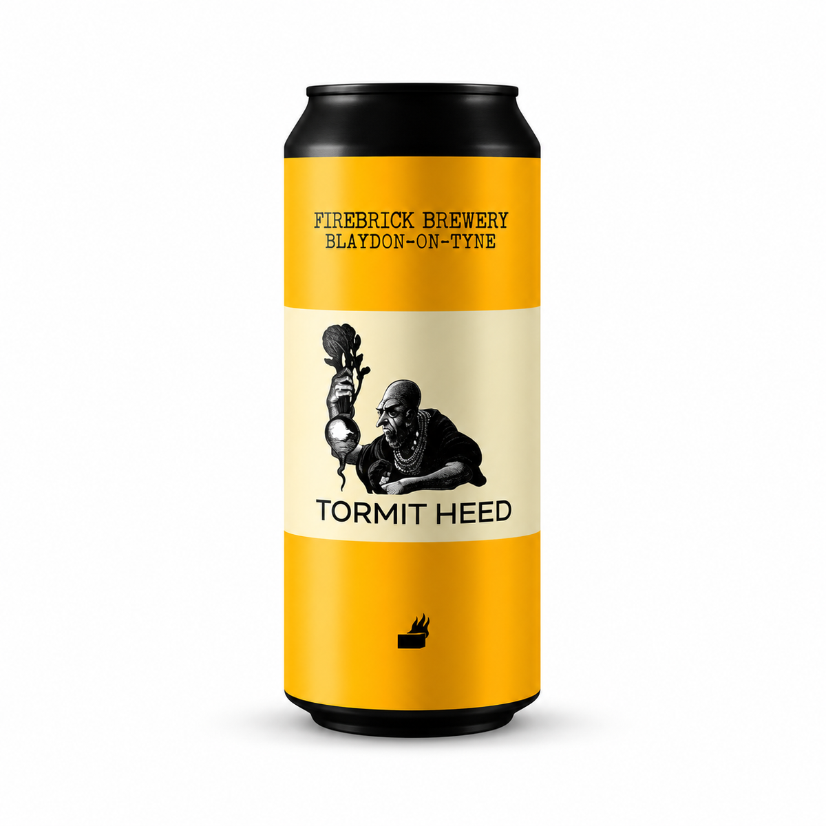 Can of Firebrick Brewery Tormit Heed ale with a black and white drawing of a man holding up a turnip